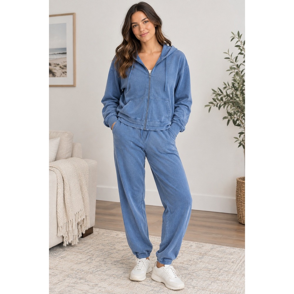 JoyLab Women Blue French Terry Full Zip Hoodie and Jogger Lounge Set Large